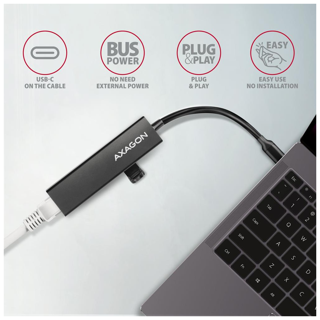 Концентратор AXAGON USB-C to 3xUSB-A + RJ45 0.2m metal black (HMC-GL3A) - зображення 4