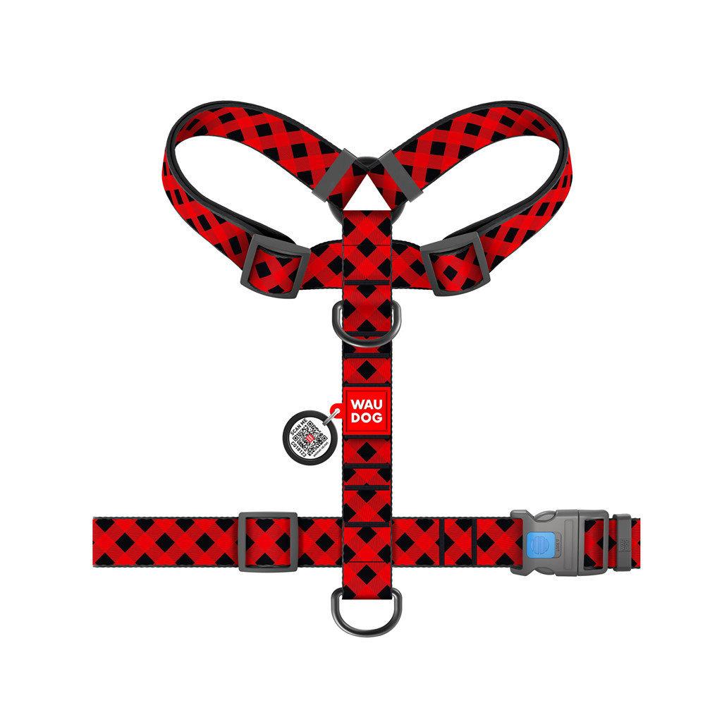 Шлея для собак WAUDOG Nylon анатомічна H-подібна з QR-паспортом "Шотландка червона" пластиковий фастекс XL (323-0100) - изображение 2