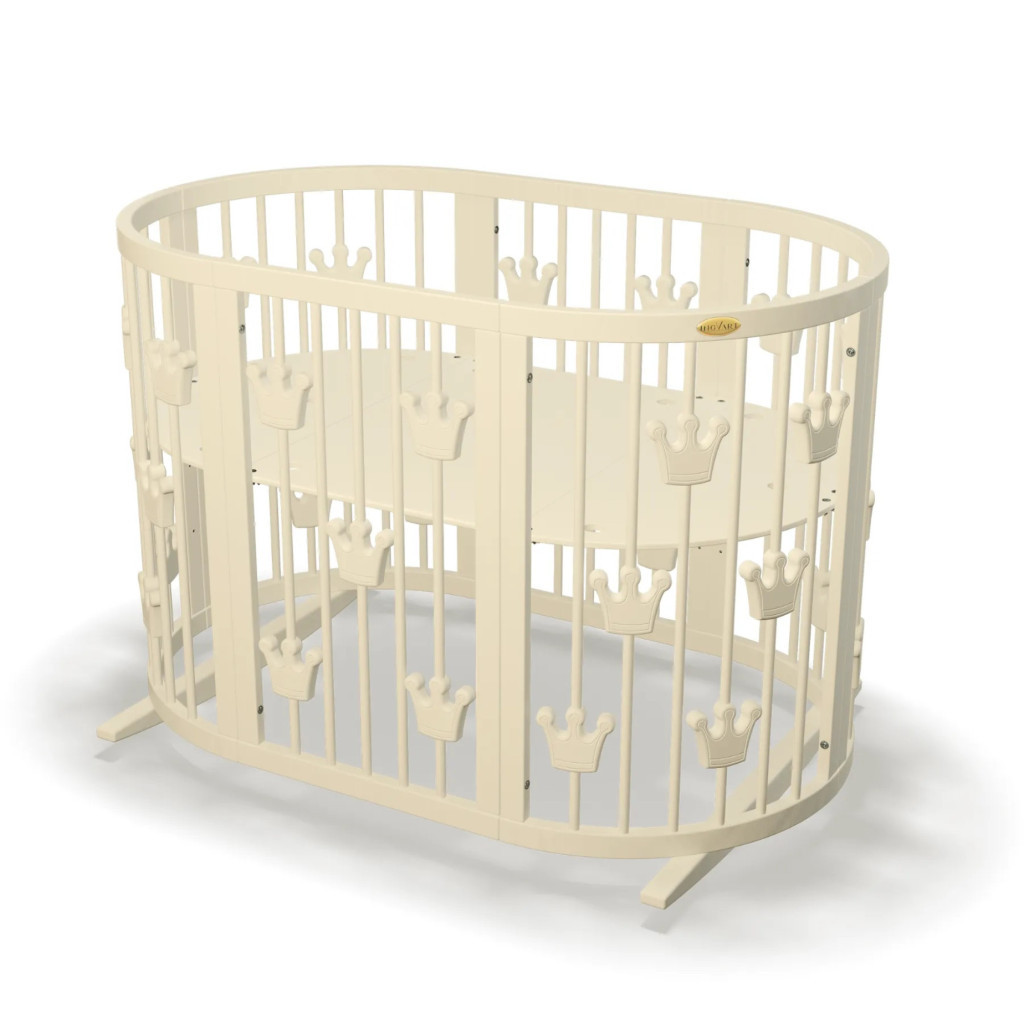 Ліжечко Ingvart трансформер Smart Bed Round (72х72, 72х120, 72х168 см) слонова кістка з декором "Корони" (1311015) - зображення 1