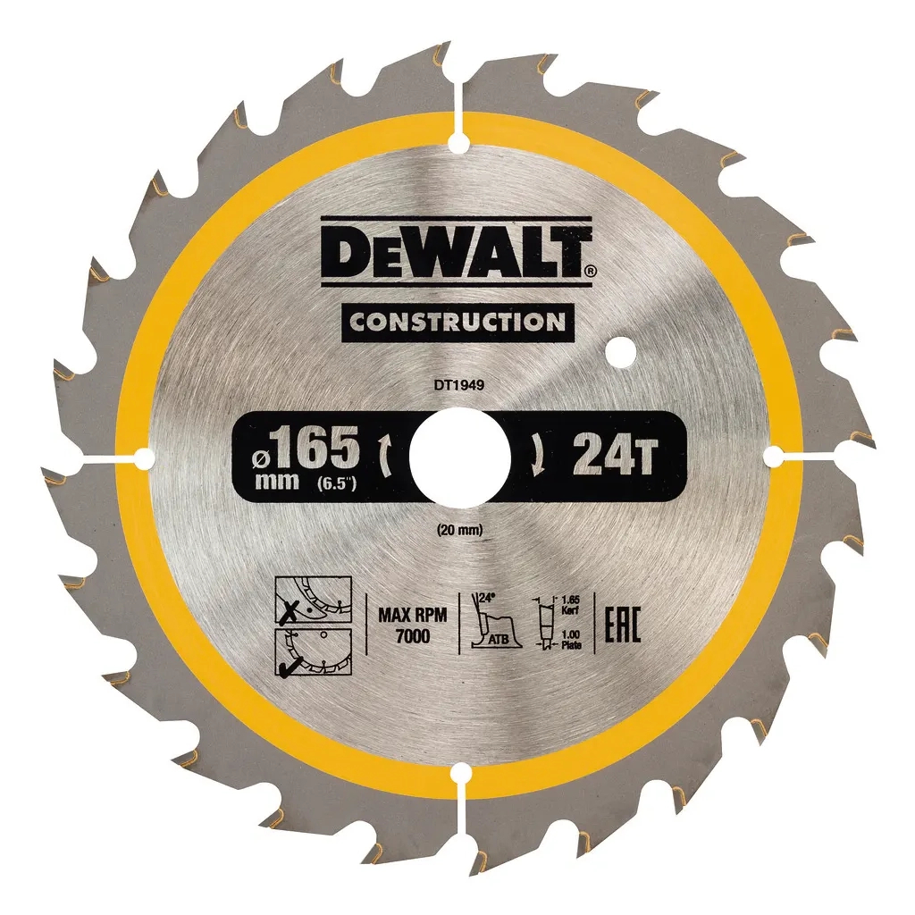 Диск пильний DeWALT CONSTRUCTION 165 х 20 мм, 24z (ATB), 20 гр. (DT1949) - зображення 1