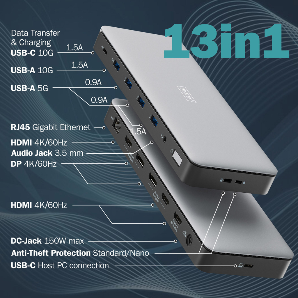 Порт-реплікатор Digitus USB-C > 3xHDMI/2xDP/4xUSB-A/USB-C/RJ54/DC/Audio (DA-70918) - изображение 7