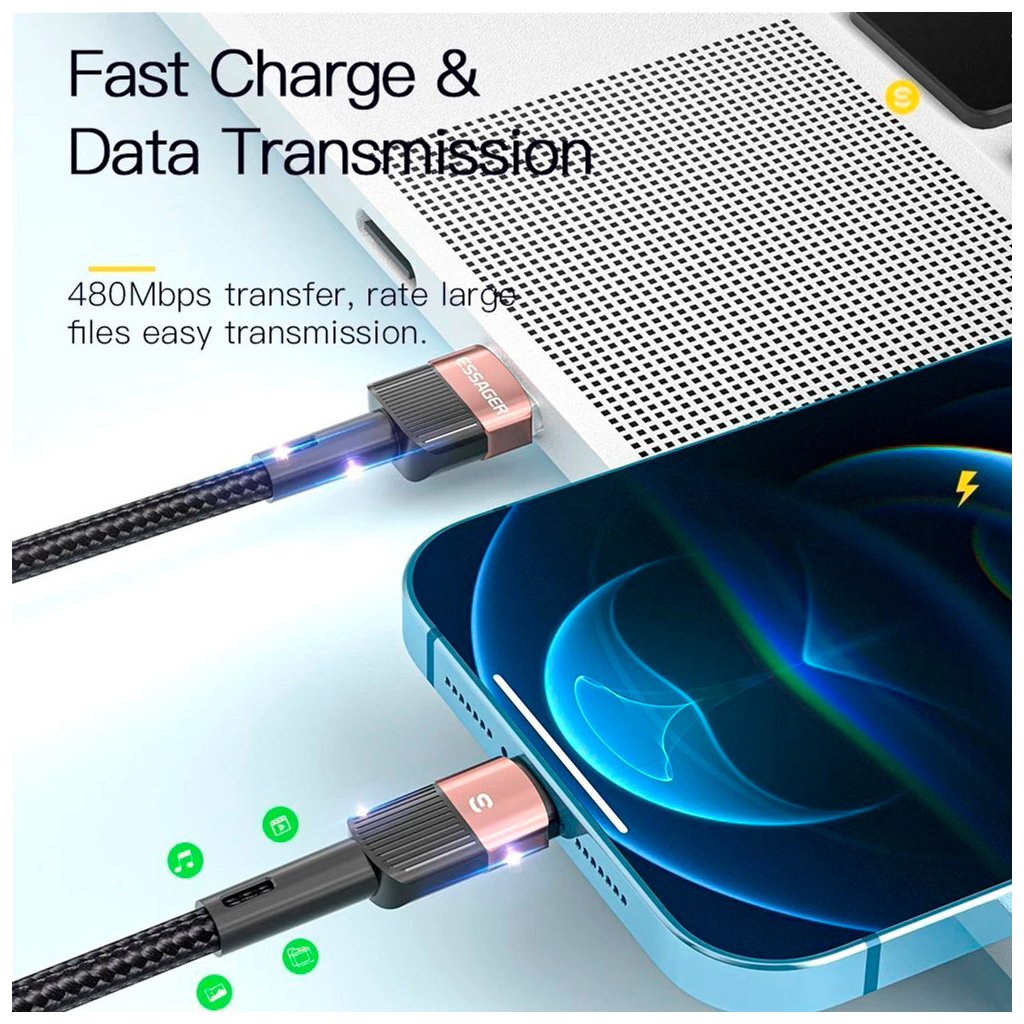 Дата кабель USB 2.0 AM to Lightning 2.0m 2.4A black Essager (EXCL-XCA01) - зображення 5
