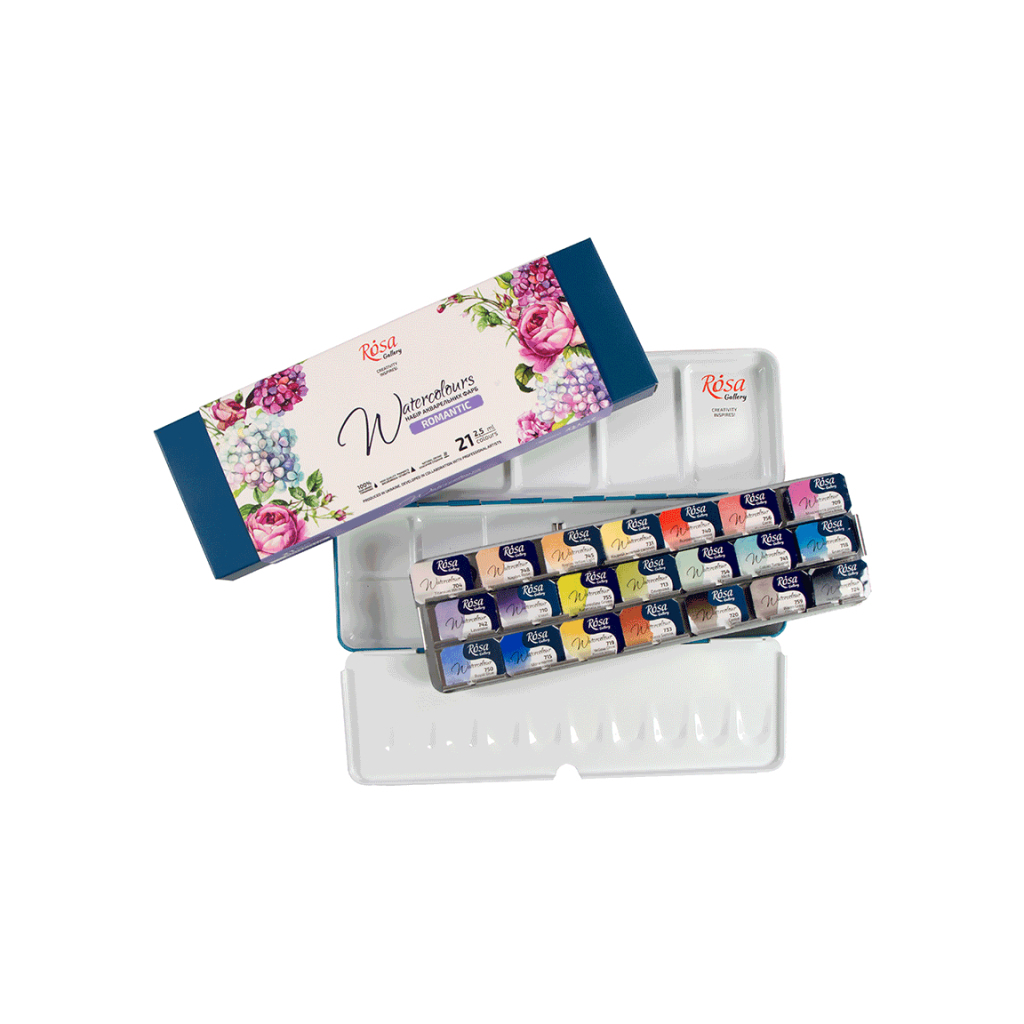 Акварельні фарби Rosa Gallery Romantic в металевому пеналі Бірюза 21 колір кювета (4823098525745) - зображення 2