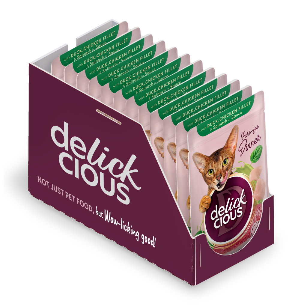 Вологий корм для кішок Delickcious Шматочки з качкою, курячим філе і шпинатом в соусі 85 г (4820269143142) - зображення 2