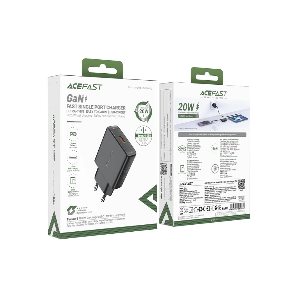 Зарядний пристрій Acefast A65 USB-C PD20W GaN ultra-thin Black (6974316282686) - зображення 6