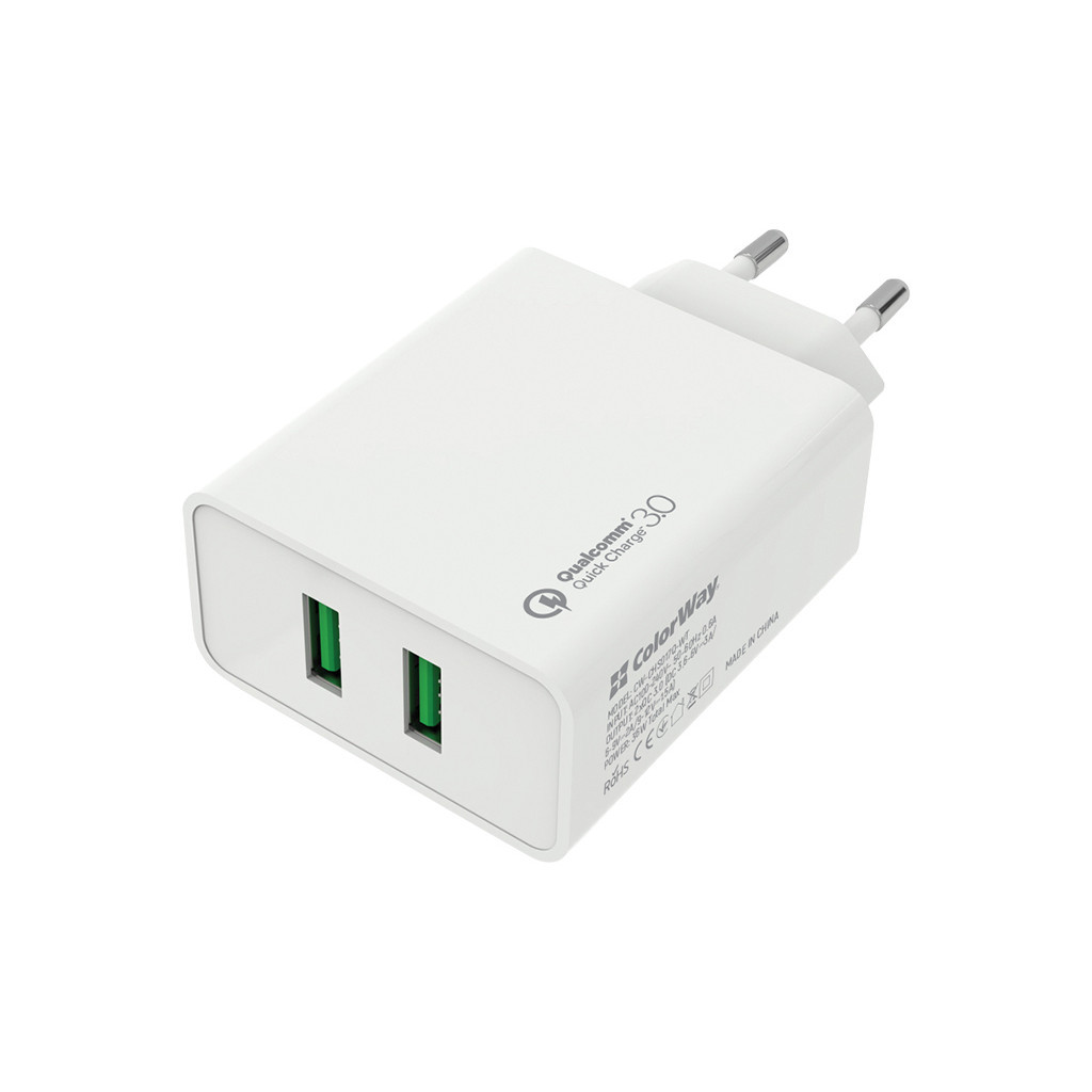 Зарядний пристрій ColorWay 2USB Quick Charge 3.0 (36W) (CW-CHS017Q-WT) - зображення 1