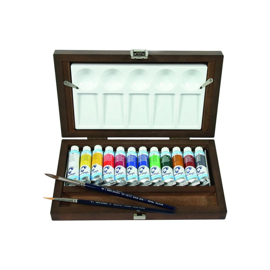 Акварельні фарби Royal Talens Van Gogh 12 кольорів 10 мл пензлі - 2шт, палітра, дерево (8712079048914) - зображення 1
