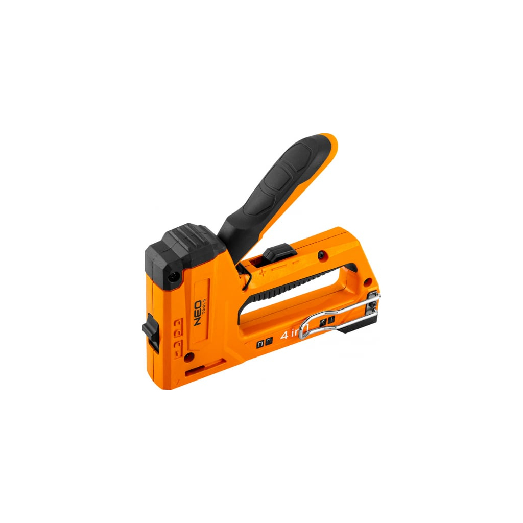 Степлер будівельний Neo Tools алюмінієвий, 4 в 1, 6-14 мм, тип скоб J, G, L, E, регулювання забивання скоб (16-030) - зображення 1