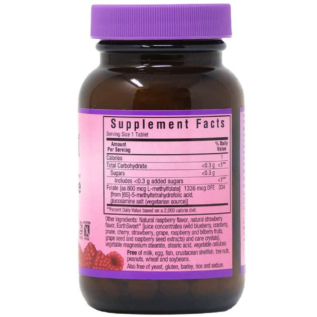 Вітамін Bluebonnet Nutrition Метилфолат (B9) 800мкг, Смак Малини, Earth Sweet Chewables, Bluebonnet Nutrition, 90 жувальних таблеток (BLB0454) - зображення 2