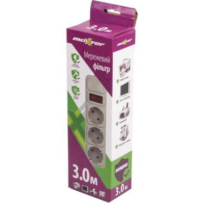 Мережевий фільтр живлення Maxxter SPM3-G-10G серый 3 м кабель, 3 розетки (SPM3-G-10G) - зображення 2