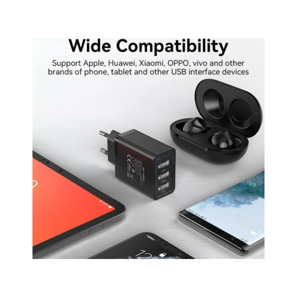 Зарядний пристрій Vention 3xUSB A 12W Black (FEAB0-EU) - зображення 5