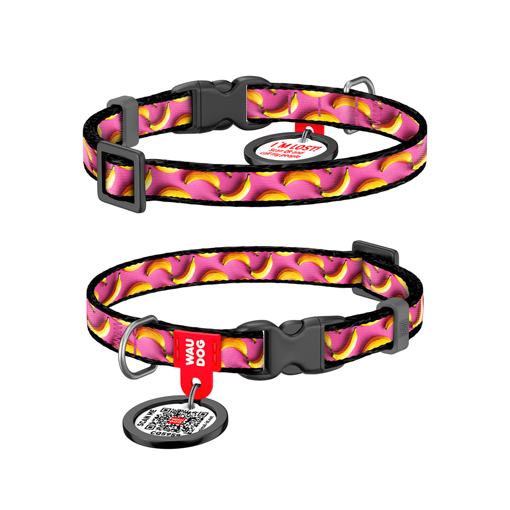 Нашийник для тварин WAUDOG Nylon з QR паспортом "Банани на рожевому" для котів та дрібних порід собак, XS (278-4055) - зображення 1