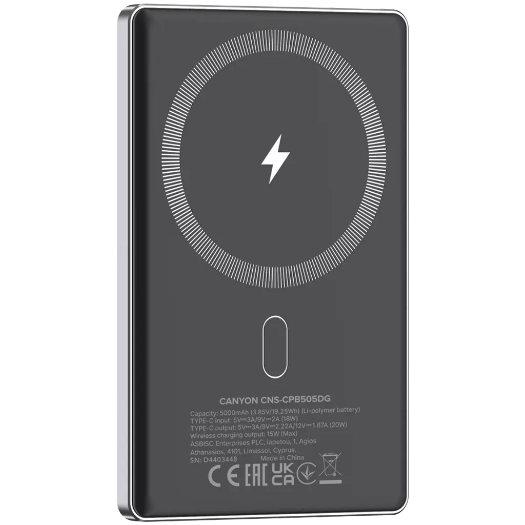 Батарея універсальна Canyon 5000mAh OnPower 505 slim Magsafe PD/20W Dark Grey (CNS-CPB505DG) - зображення 4