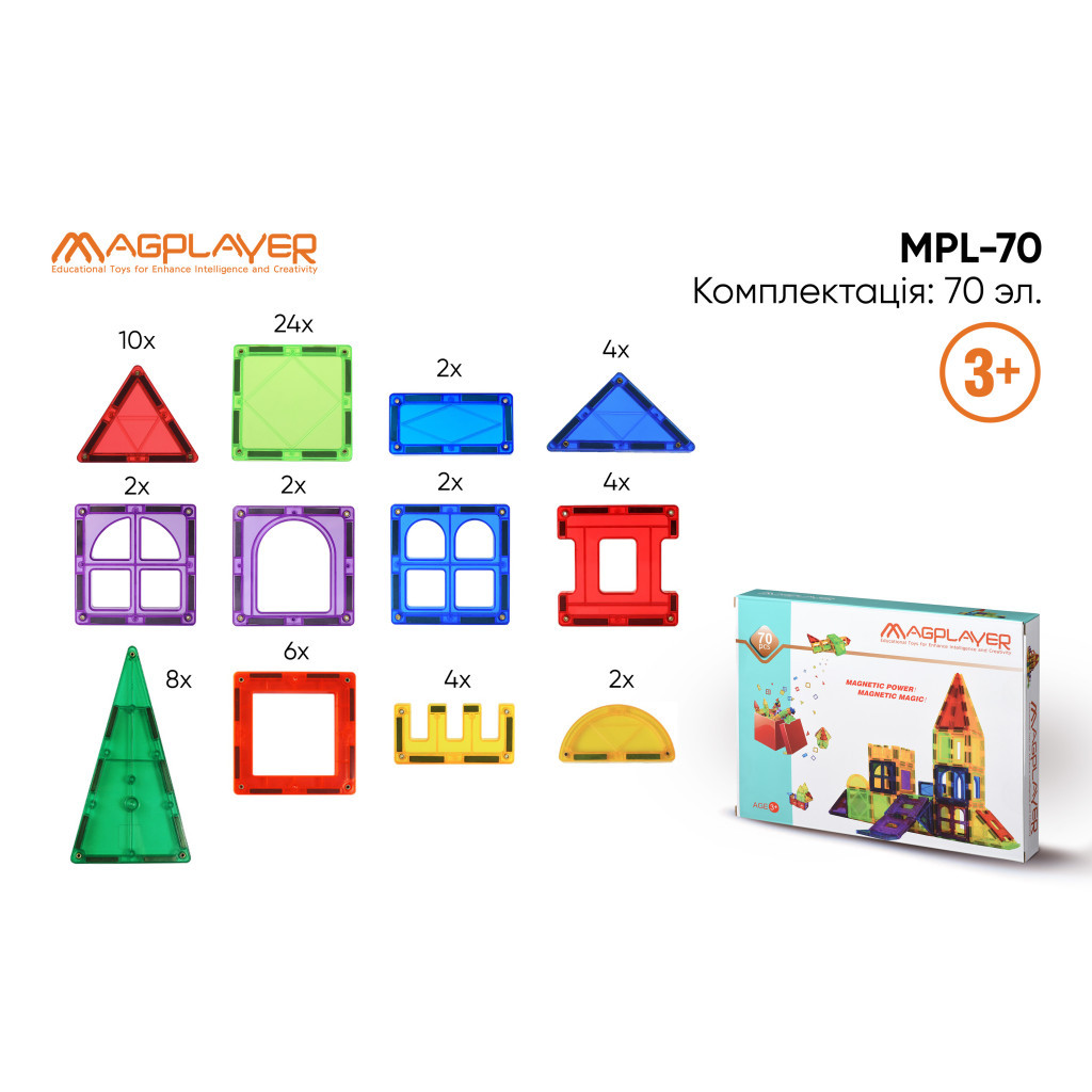 Конструктор Magplayer магнітні плитки 70 ел. (MPL-70) - изображение 3