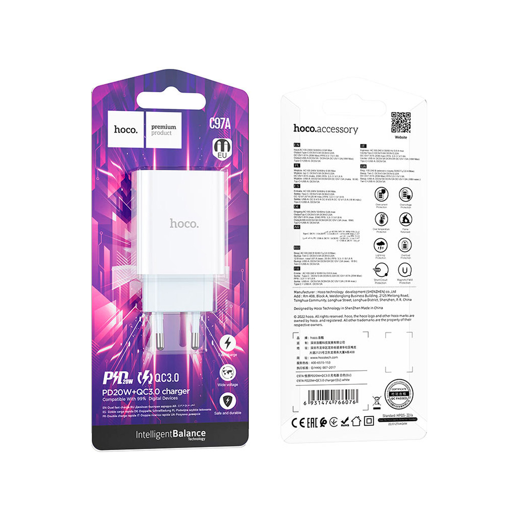 Зарядний пристрій HOCO C97A 1xUSB-C PD20W + 1xUSB QC3.0 White (6931474766076) - зображення 6