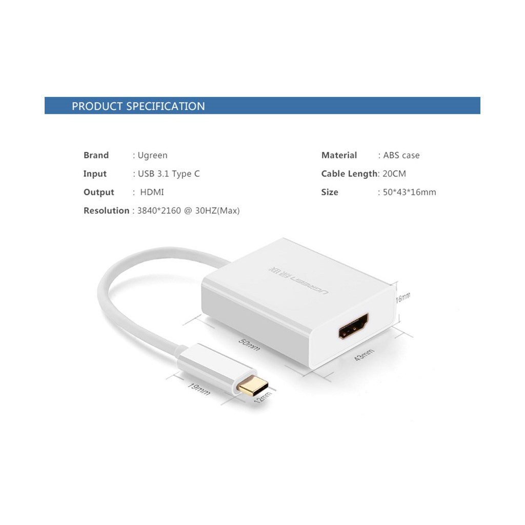 Перехідник USB2.0 Type-C to HDMI V1.4b 40273 white Ugreen (40273) - изображение 4