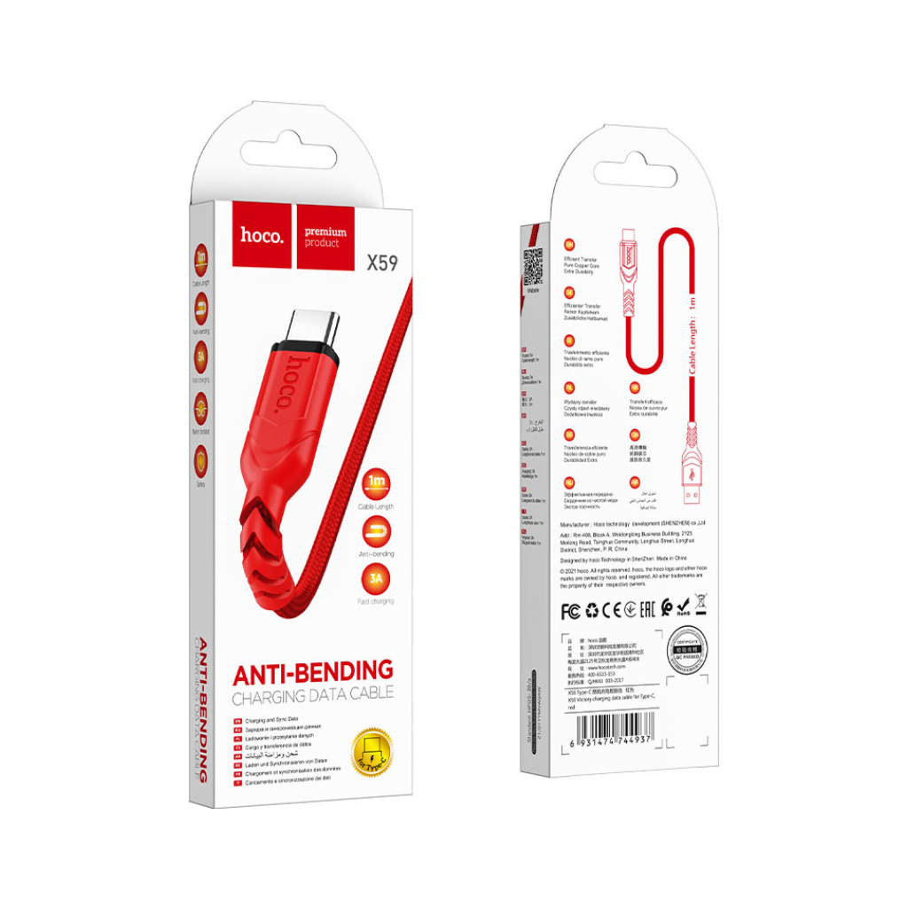 Дата кабель USB 2.0 AM to USB-C 1.0m 3A nylon X59 red HOCO (6931474744937) - зображення 3