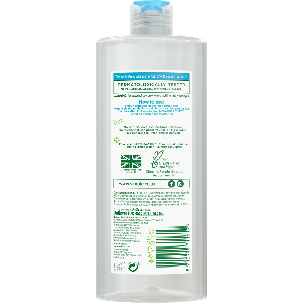Міцелярна вода Simple Micellar Cleansing Water Pentavitin & Prebiotic 400 мл (8710908711619) - изображение 2