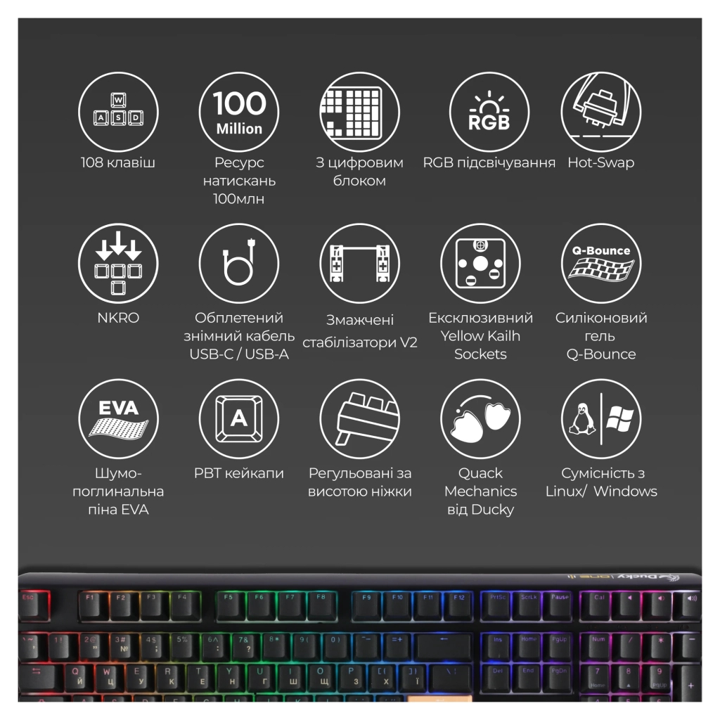 Клавіатура Ducky One 3 Cherry MX Speed Silver RGB UA USB Black (DKON2108ST-PUAPXCLAWSC1) - зображення 4