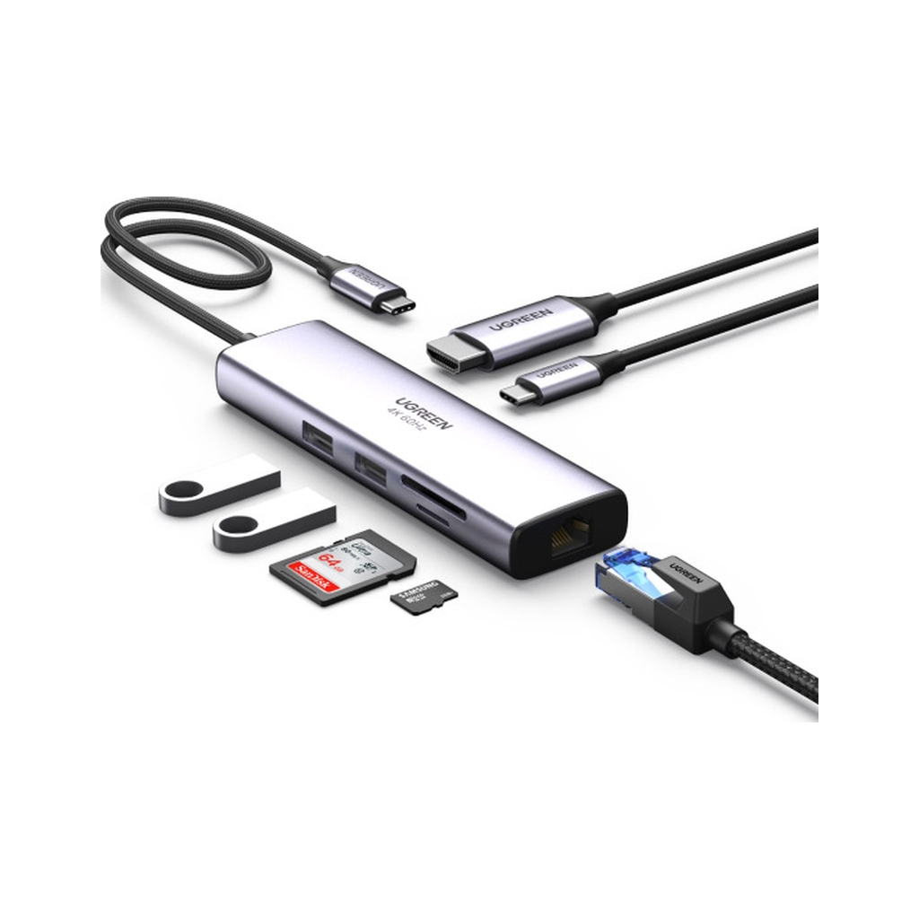 Концентратор Ugreen USB3.1 Type-C to HDMI/USB 3.0x2/RJ45/SD/TF/PD 100W CM512 (60515) - изображение 3