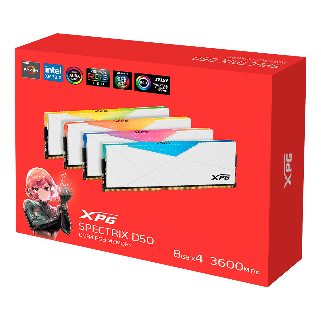 Модуль пам'яті для комп'ютера DDR4 32GB (4x8GB) 3600 MHz XPG Spectrix D50 RGB White ADATA (AX4U36008G18I-QCWH50) - зображення 4