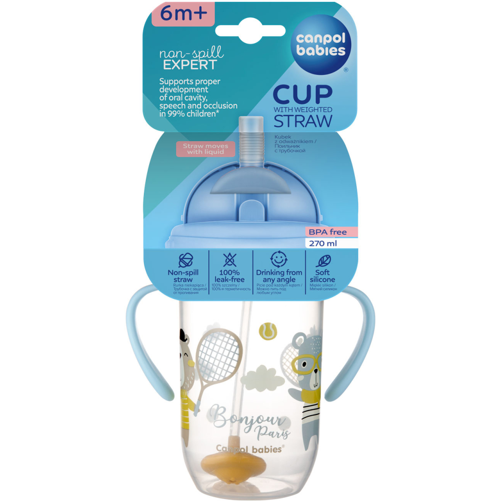 Поїльник-непроливайка Canpol babies Bonjour Paris з трубочкою і обтяжувачем 270 мл Синя (56/607_blu) - зображення 4