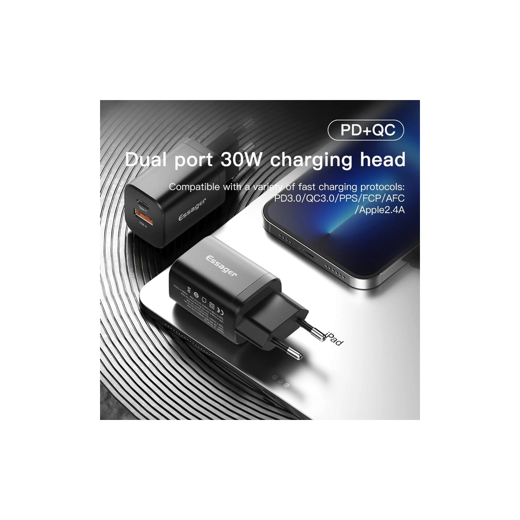 Зарядний пристрій Essager 1xUSB + 1xUSB-C PD30W black (ECTPQS-ZTB01) - зображення 3