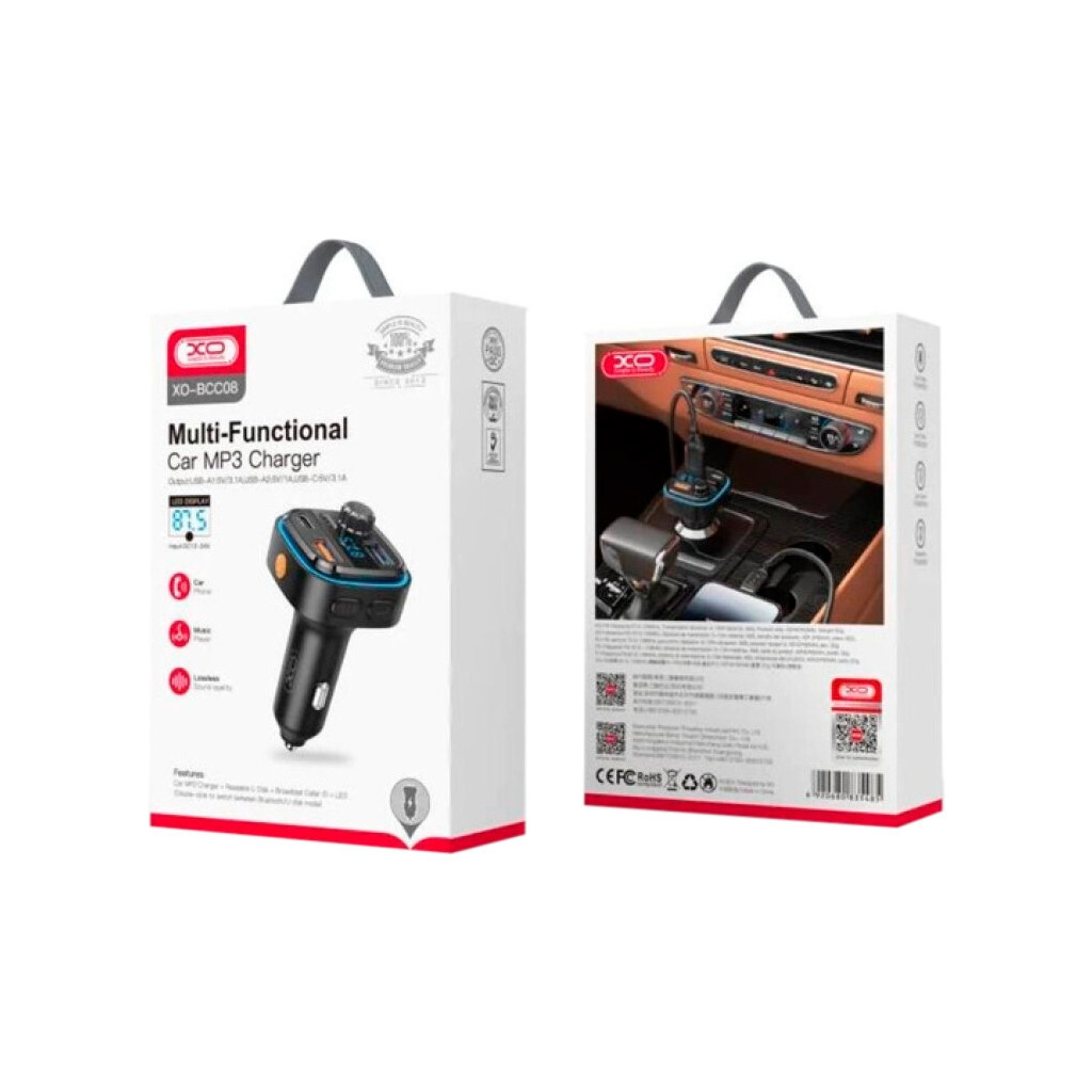 FM модулятор XO BCC08 автомобільний зарядний пристрій MP3/PD/2USB/3,1A Чорни (XO-BCC08) - изображение 6