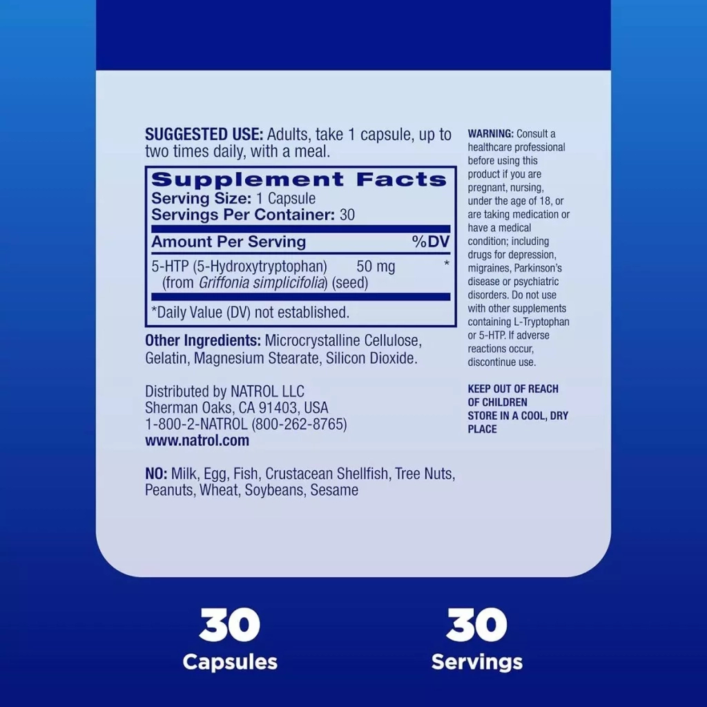 Амінокислота Natrol 5-HTP (Гідрокситриптофан), 50 мг, 5-HTP, 30 капсул (NTL00884) - зображення 2