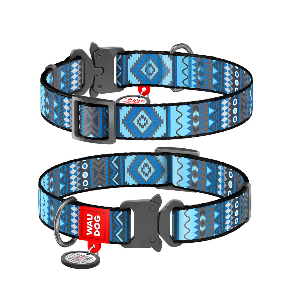 Нашийник для тварин WAUDOG Nylon з QR паспортом "Етно синій" металева пряжка-фастекс S (5183) - изображение 1
