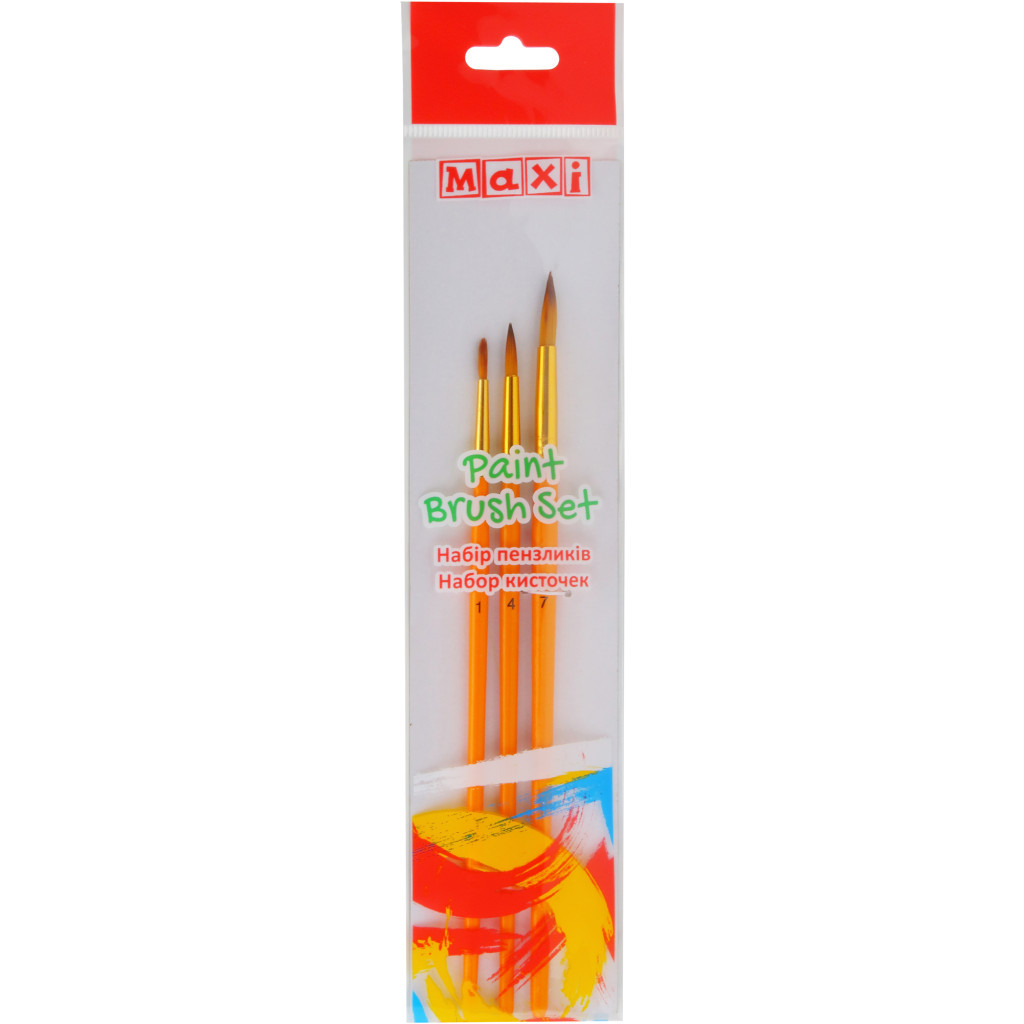 Пензлик для малювання Maxi набір 3 шт синтетичний ворс, круглі (№ 1, 4, 7) коротка ручка (MX60873) - зображення 1