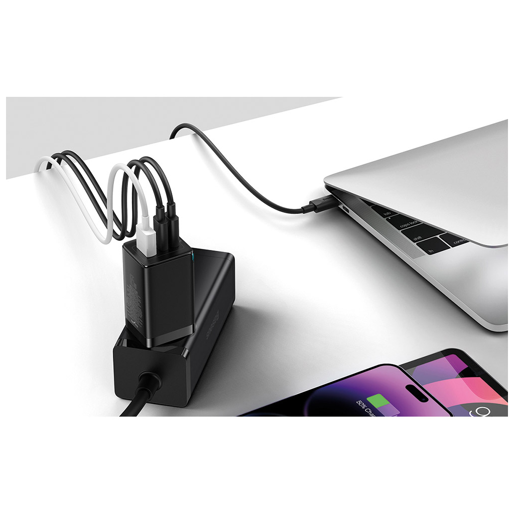 Зарядний пристрій Baseus 2xUSB-C 65W + 1xUSB GaN + cable USB-C to USB-C 100W 1.0m black (CCGP120201) - изображение 8
