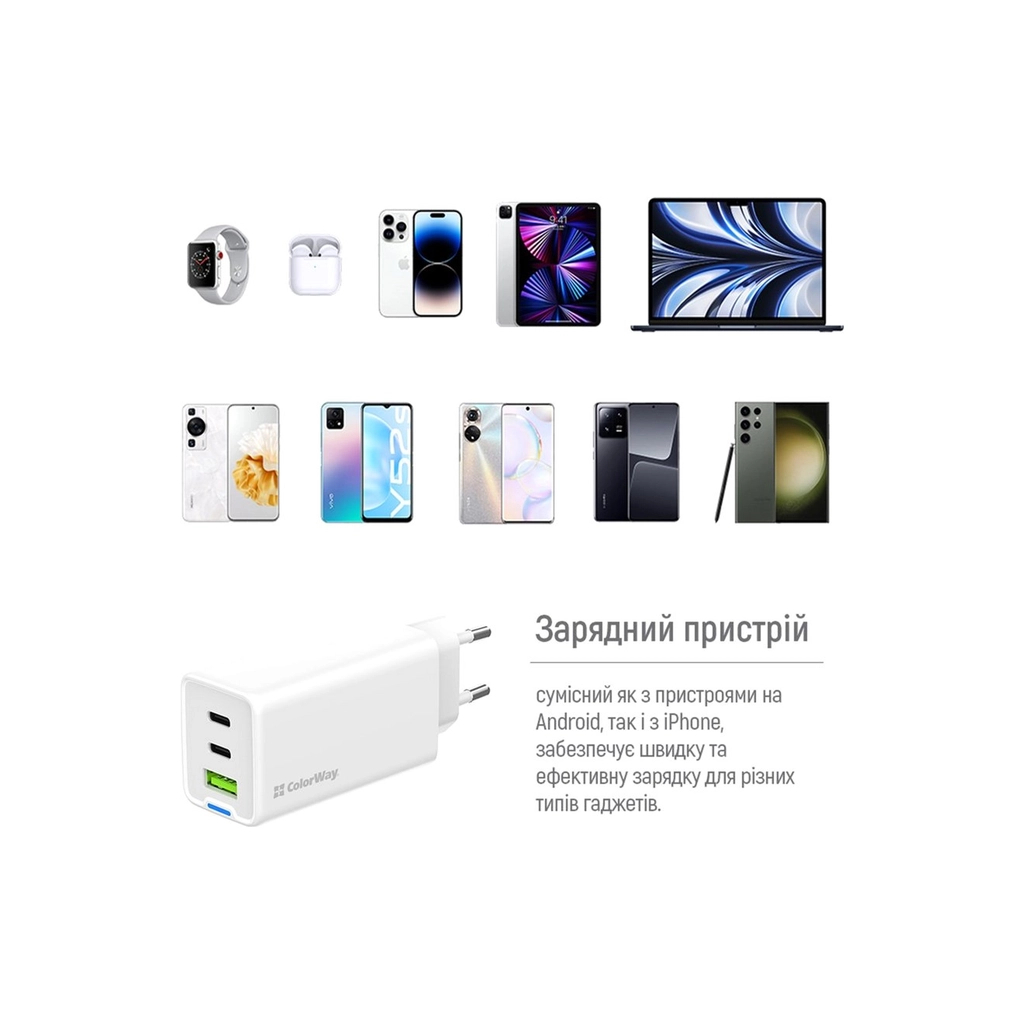 Зарядний пристрій ColorWay GaN Mini 65W PD Port PPS USB (USB-2C1A) white (CW-CHS058PD-WT) - изображение 12