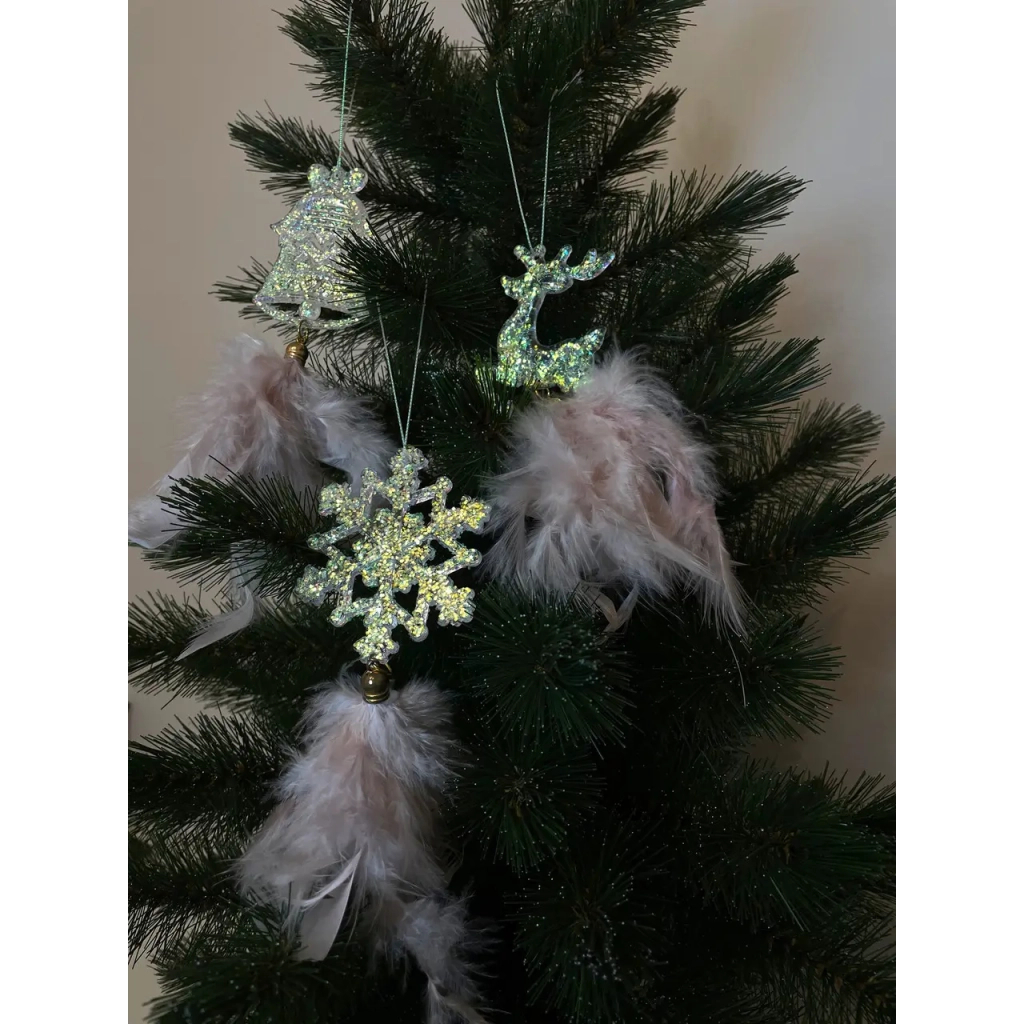 Ялинкова іграшка Chomik Олень, Дзвіночок, Сніжинка" з пір'ям 22 см, 3 шт, шампань (5900779855861) - зображення 5