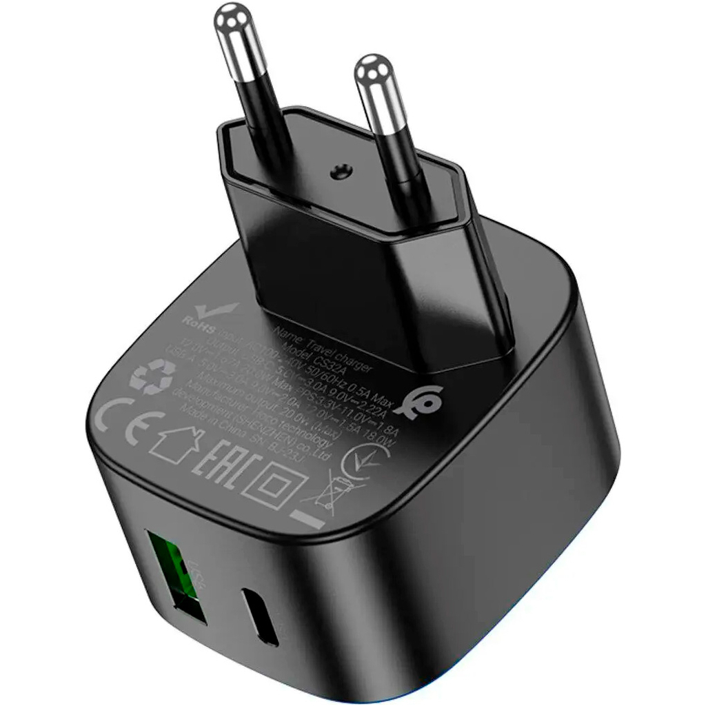 Зарядний пристрій HOCO CS32A Rise 1xUSB-C PD20W + 1xUSB QC3.0 Black (6942007617451) - зображення 6