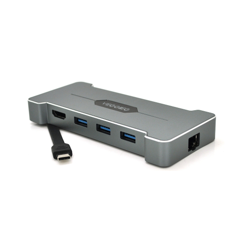 Концентратор VEGGIEG USB-C 5-in-1 USB-C + 3xUSB 3.0 + HDMI + RJ45 silver (TC06) - зображення 1