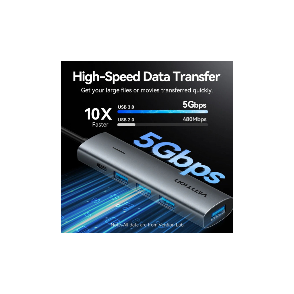 Концентратор VENTION USB-C to 4xUSB 3.0 + 1xUSB-C black (TGZHB) - зображення 6