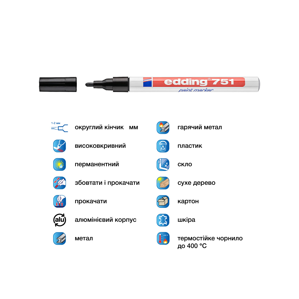 Маркер Edding Paint 1-2 мм круглий чорний (e-751/01) - зображення 4