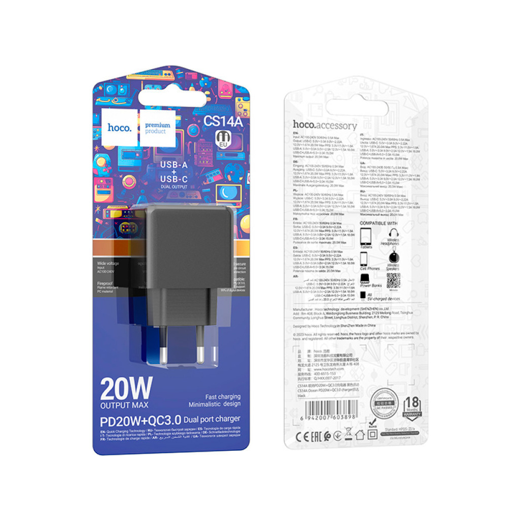 Зарядний пристрій HOCO CS14A Ocean 1xUSB-C PD20W + 1xUSB QC3.0 Black (6942007603898) - зображення 7
