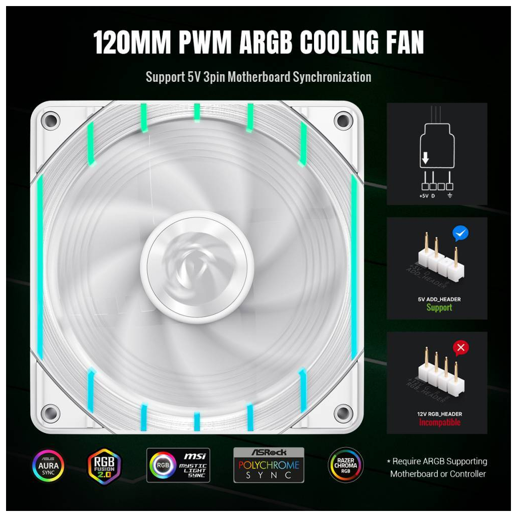 Кулер до корпусу Gamemax Tornado T12 ARGB-W - зображення 7