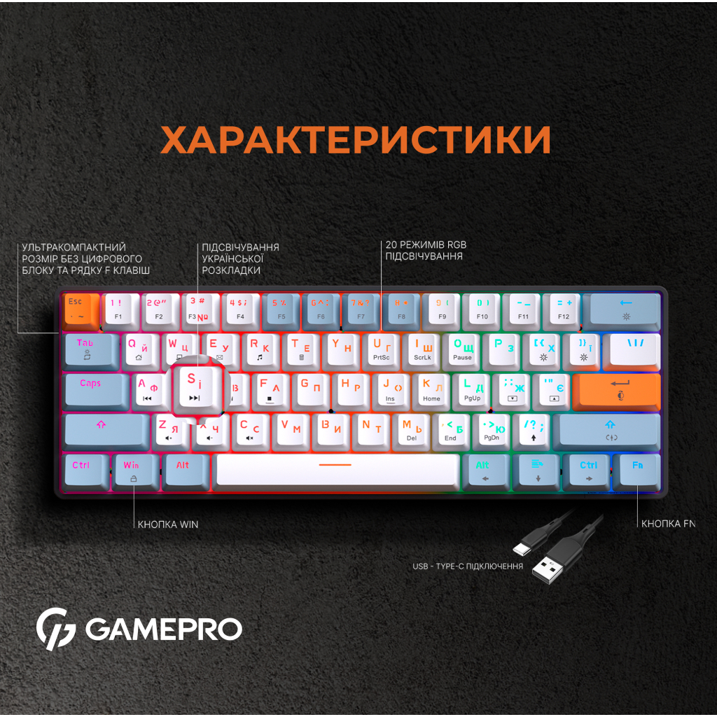 Клавіатура GamePro MK130R Hot-Swap Red Swich RGB USB UA Black (MK130R) - изображение 10