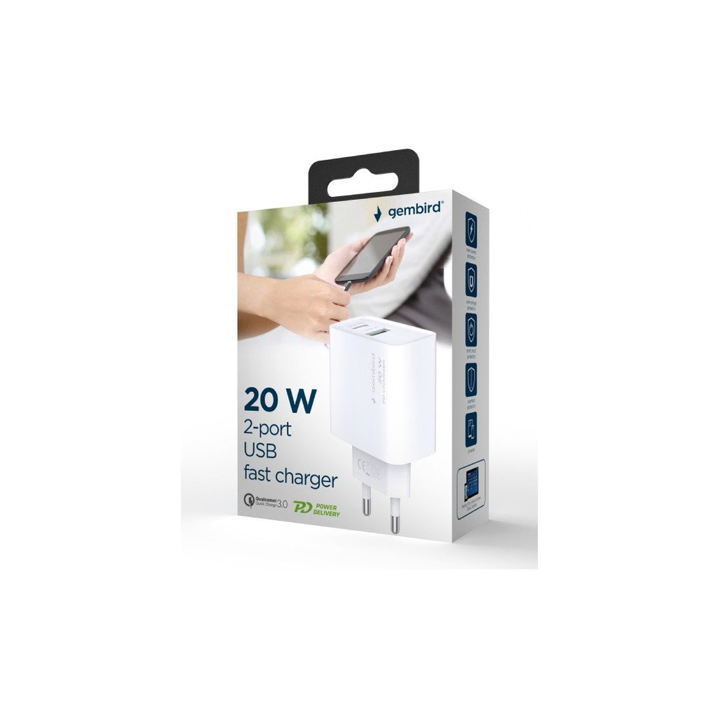Зарядний пристрій Gembird USB-A + Type-C (PD20W + QC3.0 18W) white (TA-UC-PDQC20-01-W) - зображення 6