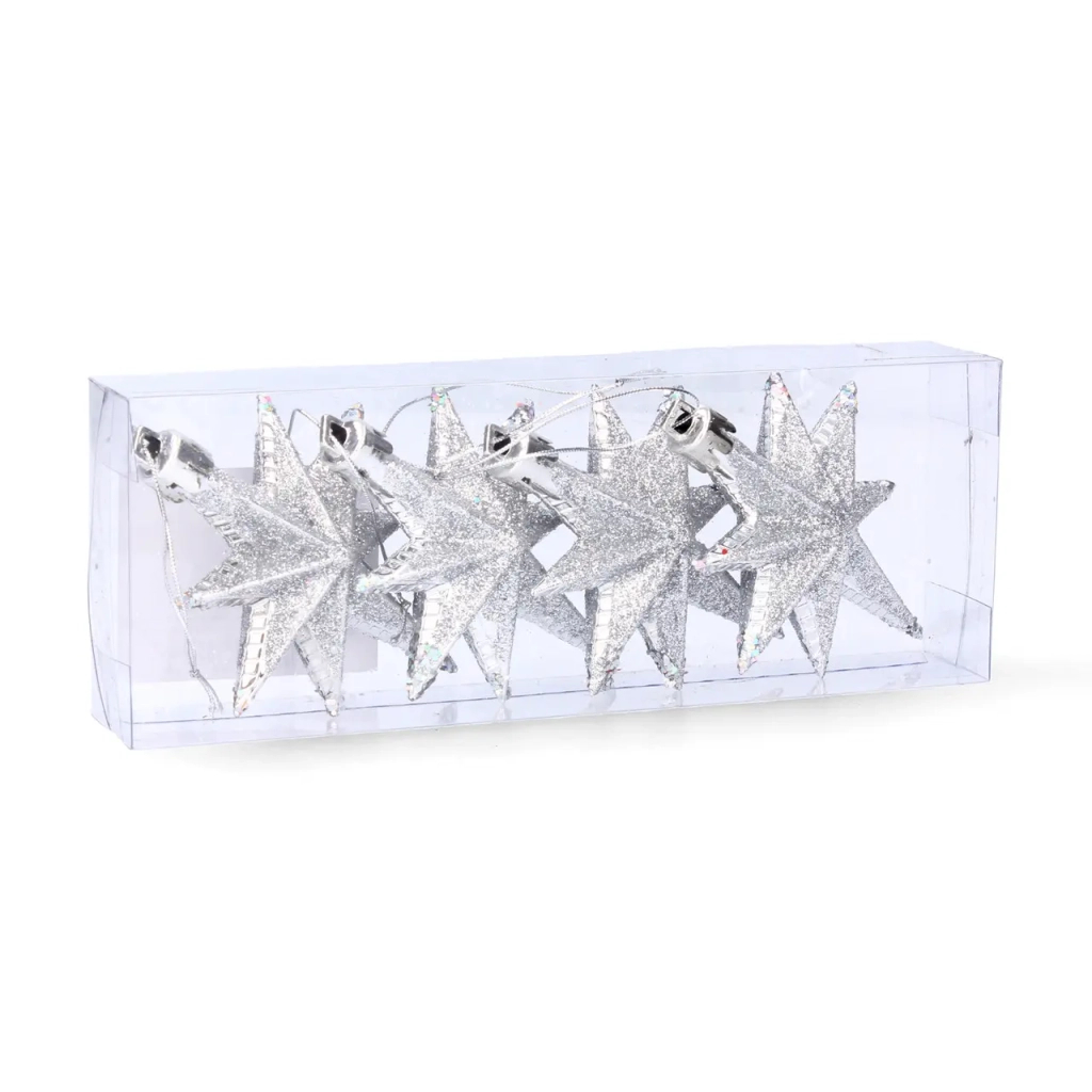 Ялинкова іграшка Chomik Зірки, 9 см, пластикові 4 шт, сріблясті (5901292631147_1) - зображення 1