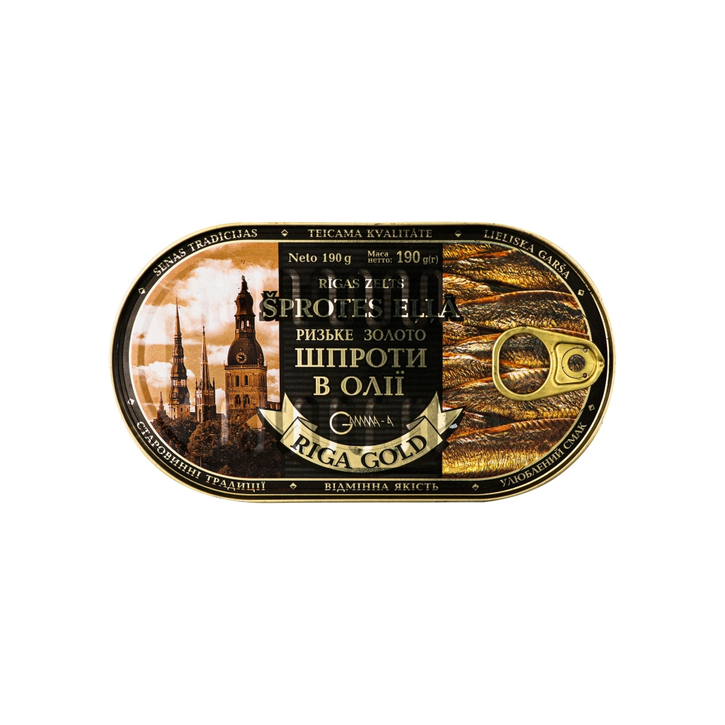 Рибні консерви Ризьке золото Шпроти в олії 190 г з ключем (4820062446372) - зображення 1