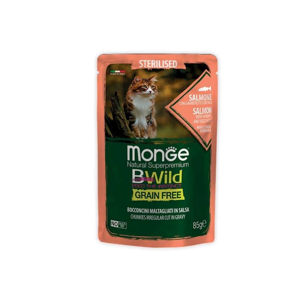 Вологий корм для кішок Monge BWild Cat Free Wet Sterilized лосось з креветками 85 г (8009470012782) - зображення 1