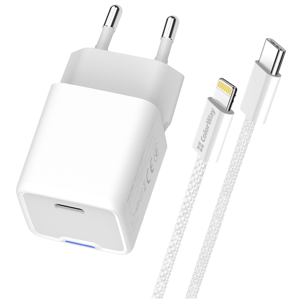 Зарядний пристрій ColorWay C101D GaN Mini 20W PD PPS USB-C + cable USB-C to Lightning white (CW-CHS059PDL-WT) - изображение 2