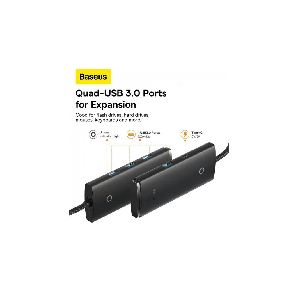 Концентратор Baseus USB 3.0 to 4xUSB 3.0 1.0m black (WKQX030101) - зображення 5