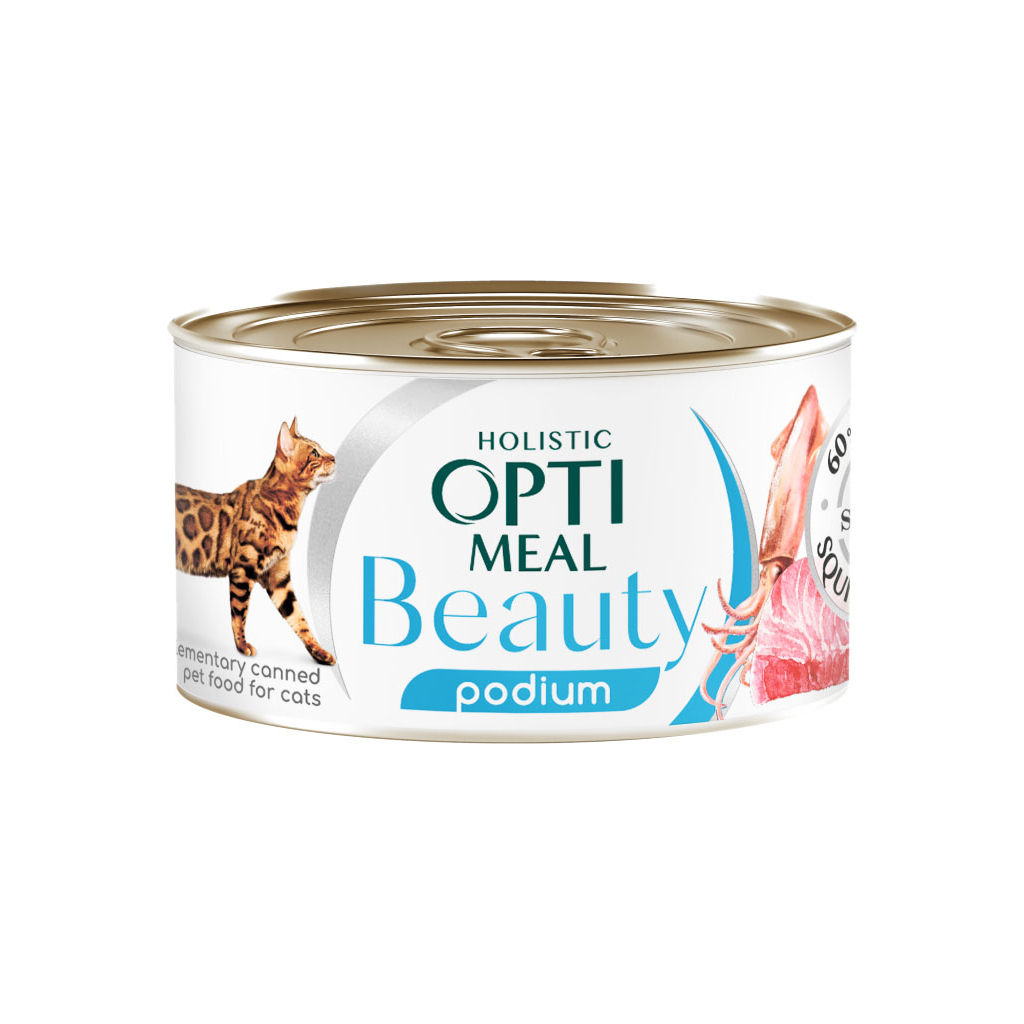 Консерви для котів Optimeal Beauty Podium смугастий тунець у соусі з кальмарами 70 г (4820215366243) - зображення 1