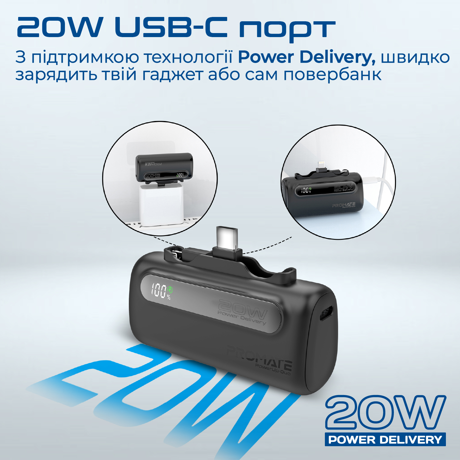 Універсальна мобільна батарея Promate PowerUp-Duo 5000mAh 20W Black - изображение 4
