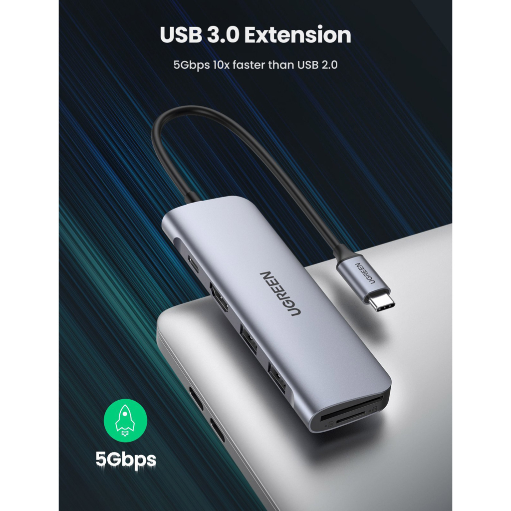 Концентратор Ugreen USB 3.0 Type-C to HDMI/SDTF/USB 3.0x2/PD CM195 (70411) - зображення 4